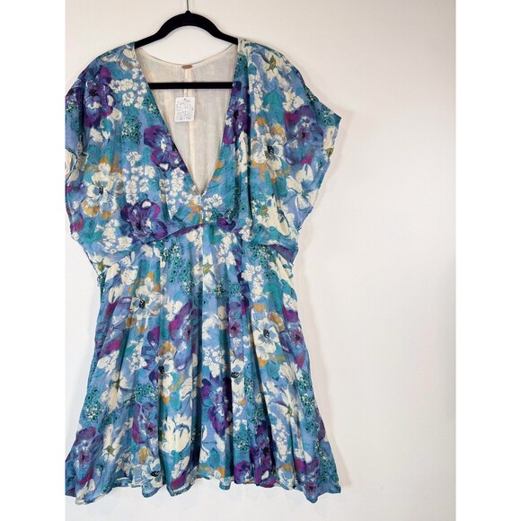 NWT Free People Womens Dress Blue Freddy Mini Floral V Neck Waist Tie Boho XL - Picture 3 of 8